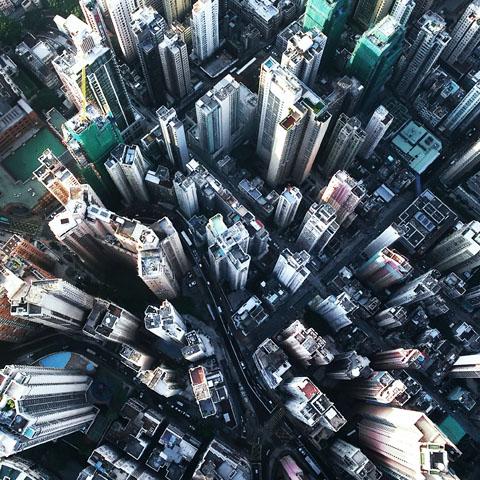 Birds eye view of tall buildings